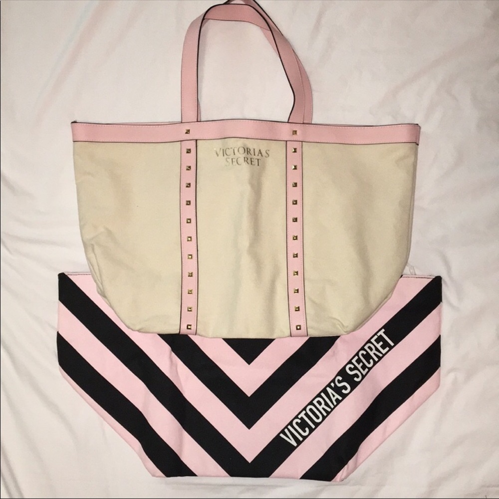 Bundle of 2 VS Totes 1 NWT Pink/Black 1 EUC Gold Studded Pink/Cream